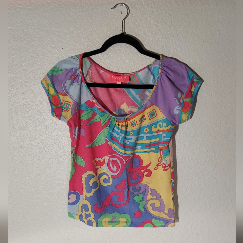 LEONARD Paris Label Fuchsia Multicolor Cotton Blend Short Sleeved Top WM Size 36